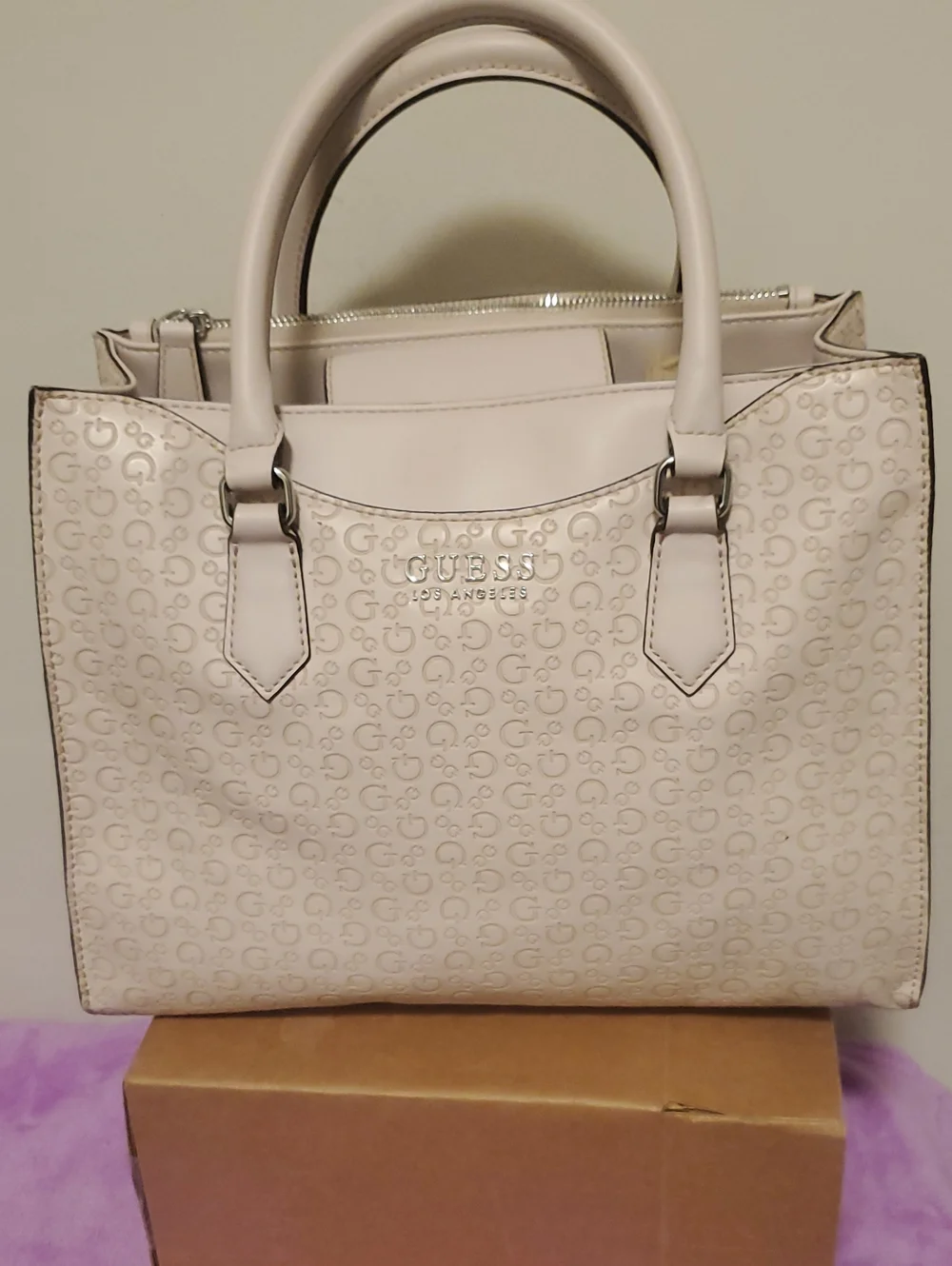 GUESS Ivory Logo Satchel with Dual Top Handles